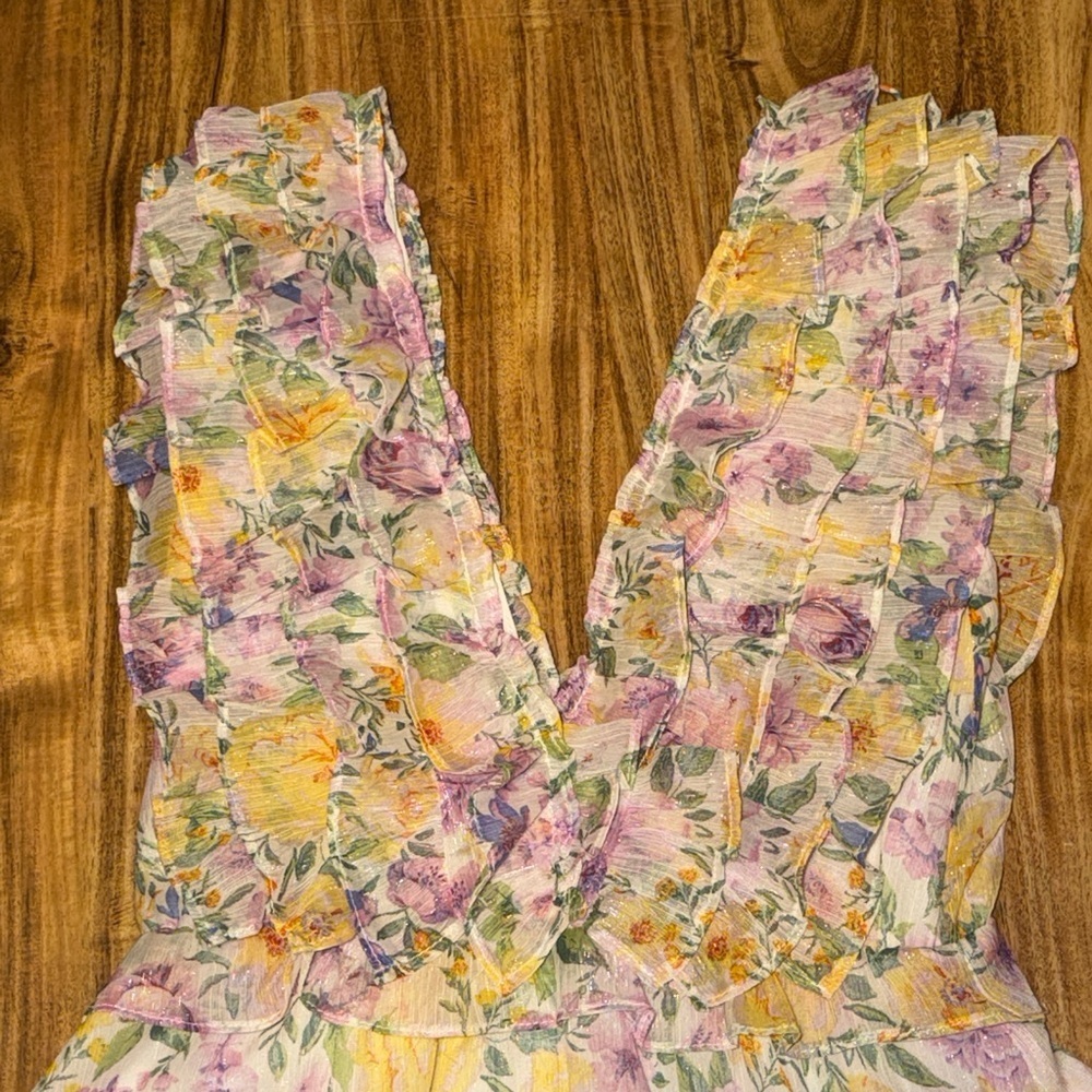 Storia womens medium 8 10 dress floral print ruffle maxi Lavender yellow white - Picture 5 of 12